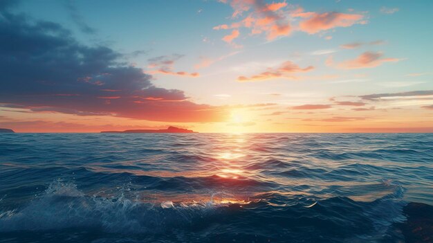 Una foto de una tranquila vista del océano mientras el sol se hunde