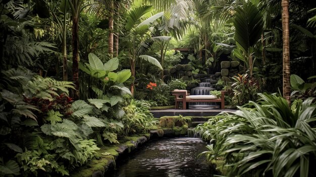 Una foto de un tranquilo jardín inspirado en Bali con cascadas y plantas tropicales