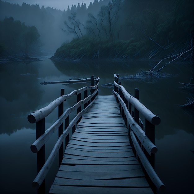 Foto de un tranquilo muelle de madera rodeado de aguas tranquilas
