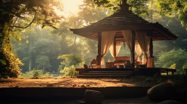 Foto una foto de un tranquilo retiro zen con una cabaña de madera para meditación rodeada de naturaleza.