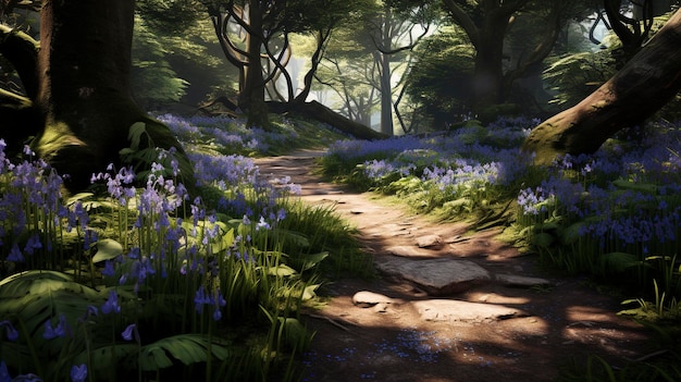 Una foto de un tranquilo sendero forestal con una profusión de campanas azules