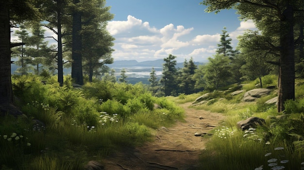 Una foto de un tranquilo sendero forestal con una vista de colinas lejanas