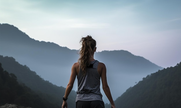 Foto traseira de uma mulher esportiva caminhando e correndo em trilha na vista da alta montanha