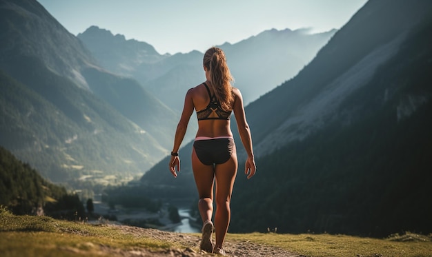 Foto traseira de uma mulher esportiva caminhando e correndo em trilha na vista da alta montanha