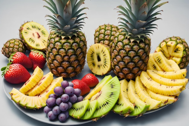 Foto Trauben Erdbeeren Ananas Kiwi Aprikosen Banane und ganze Ananas