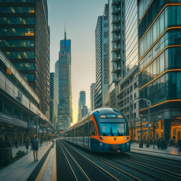 Foto tren de alta velocidad de alta velocidad en la ciudad futurista generativa ai