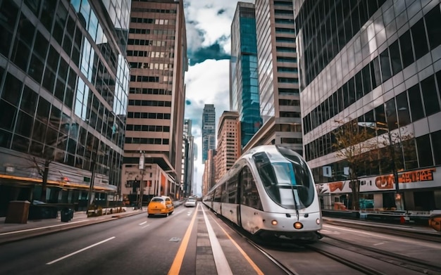Foto tren de alta velocidad de alta velocidad en la ciudad futurista generativa ai