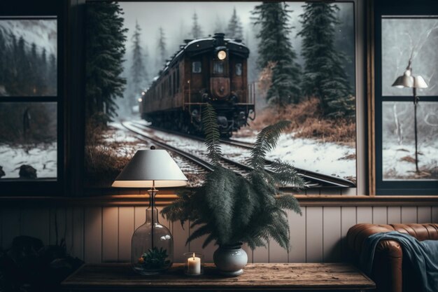 Una foto de un tren en un bosque nevado.