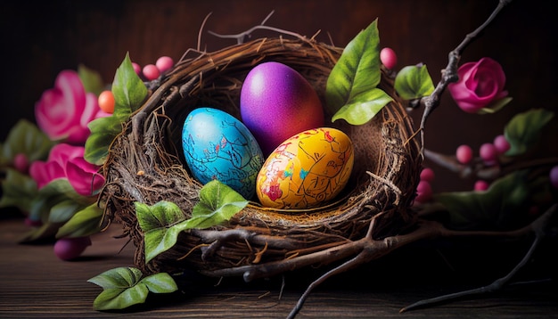 Una foto de tres coloridos huevos de pascua en un nido con una rama de hojas y una baya roja.