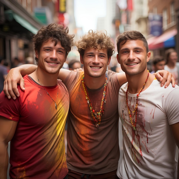 foto de tres hombres de 24 años tomados de la mano en un evento LGBTQ