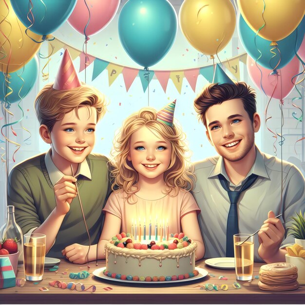 una foto de tres niños y un pastel con las palabras feliz cumpleaños en él