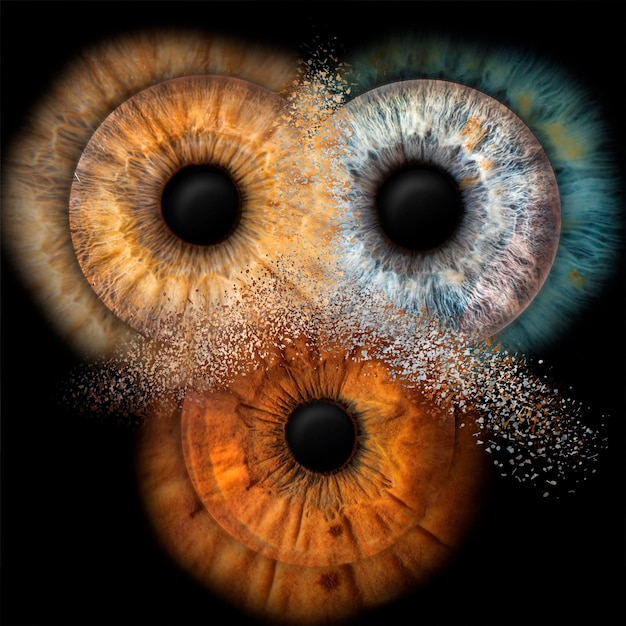 Foto de tres ojos tomada en modo macro diferentes personas simulando colisión