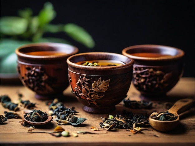 foto de tres tazas de té de madera en una mesa llena de hojas de té secas