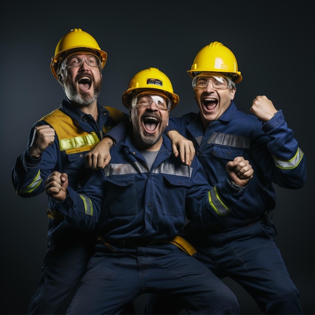 foto de tres trabajadores en varias posturas usando atributos completos con expresiones llenas de entusiasmo