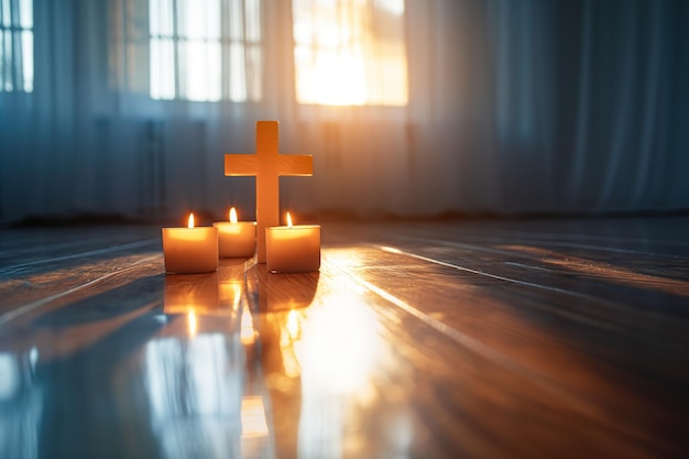 Una foto de tres velas colocadas en un piso de madera con una cruz cristiana de pie encima de ellas