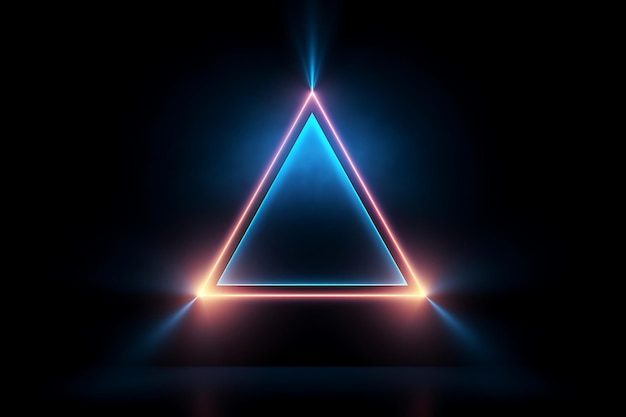 Foto de triángulos de neón brillantes en un fondo de neón de superficie oscura