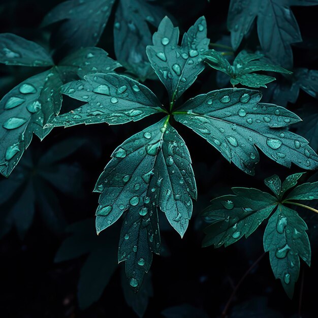 Foto tropischer Blätter in Dunkelgrün mit Regenwassertropfen auf Textur abstrakter Musternatur