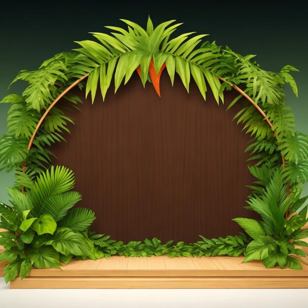 Foto tropischer grüner Blumenhintergrund für Produktpräsentation und Präsentation auf Holztisch