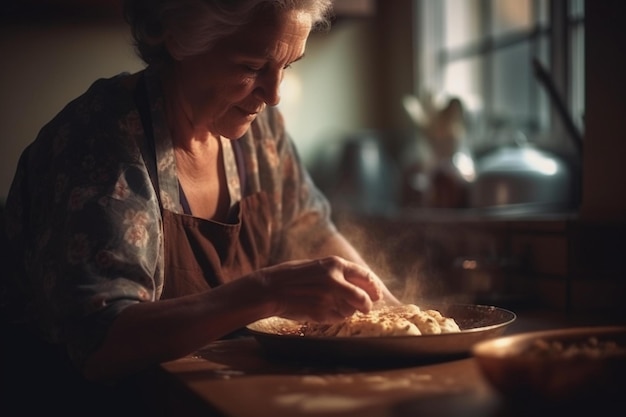 Una foto de tu madre cocinando u horneando su plato favorito bokeh IA generativa