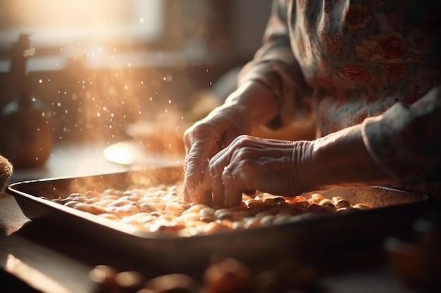 Una foto de tu madre cocinando u horneando su plato favorito bokeh IA generativa