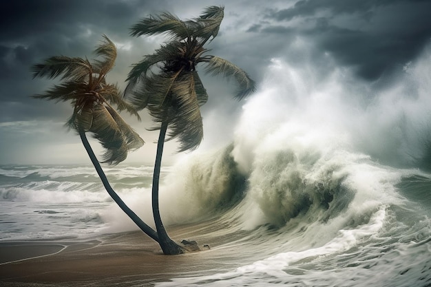 Foto tufão praia oceano desastre natural furacão forte ciclone vento e palmeiras tempestade tropical