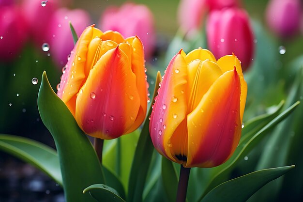 Foto de tulipanes vibrantes en un jardín empapado de lluvia flores de primavera