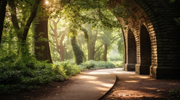 Una foto de un túnel arqueado de ladrillo en un parque con un fondo de follaje exuberante