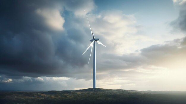 Una foto de una turbina eólica con nubes de tormenta