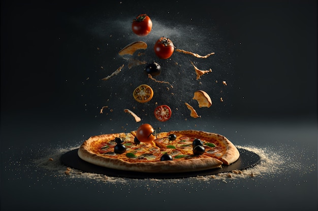 foto ultrarrealista de pizza com ingredientes voadores