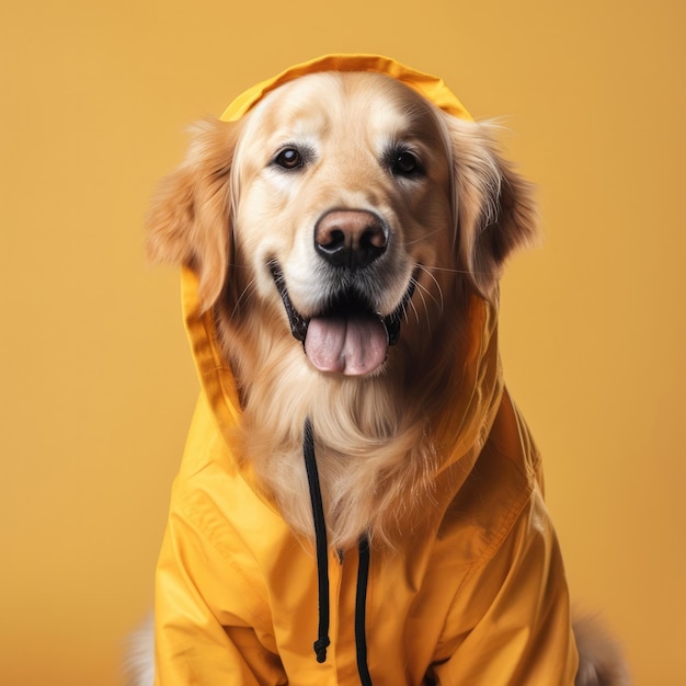 FOTO Um cachorro vestindo uma jaqueta amarela um golden retriever nele