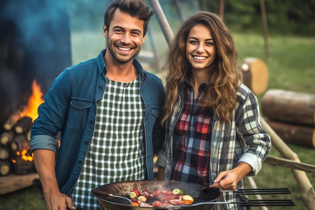 Foto um casal feliz fazendo churrasco