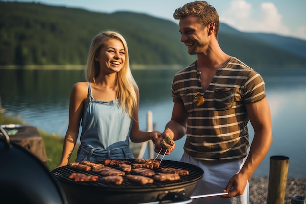 Foto um casal feliz fazendo churrasco