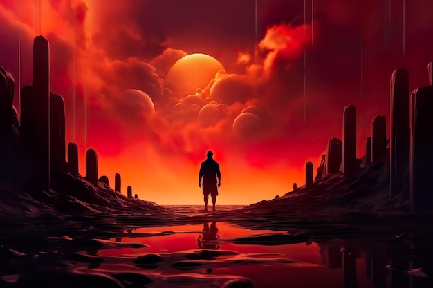 Foto um homem fica em um lugar escuro com um céu vermelho e laranja e as palavras