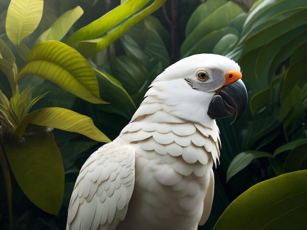 Foto um lindo e bonito papagaio arara branca senta-se em uma selva verde