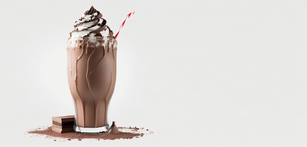 foto um milk-shake de chocolate com chantilly e canudos está em um fundo branco