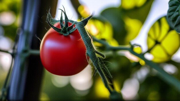 Foto um tomate em uma videira com folhas verdes