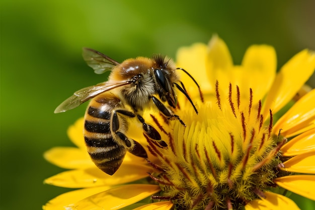 Foto Uma abelha ocupada a recolher pólen amarelo com uma determinação vibrante