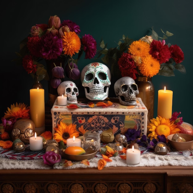 FOTO Uma caveira e velas sobre uma mesa com flores e velas