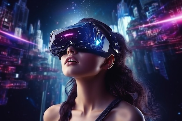 Foto uma linda garota em óculos vr fone de ouvido 3d no ciberespaço do metaverso o conceito de vi