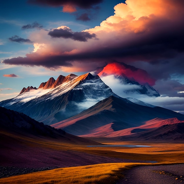 Foto uma paisagem colorida com uma montanha e um céu com nuvens geradas por ai