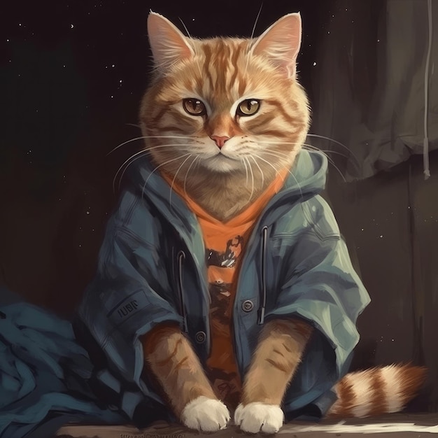 FOTO Uma pintura de um gato vestindo um moletom azul