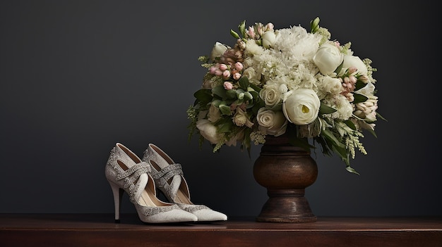 una foto única en 3D de un ramo de bodas y un par de zapatos de novia con fondo plano