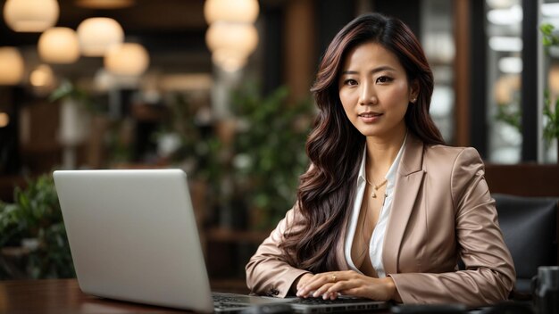 Foto única e criativa de uma mulher de negócios asiática com um laptop