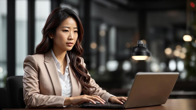 Foto única e criativa de uma mulher de negócios asiática com um laptop