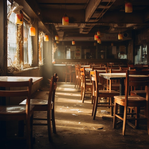 Una foto única de un restaurante difuso con sillas y mesas de madera
