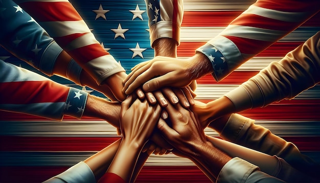 Foto Unidos, estamos de pie con las manos entrelazadas frente a la bandera estadounidense que simboliza la unidad Ultra Rea