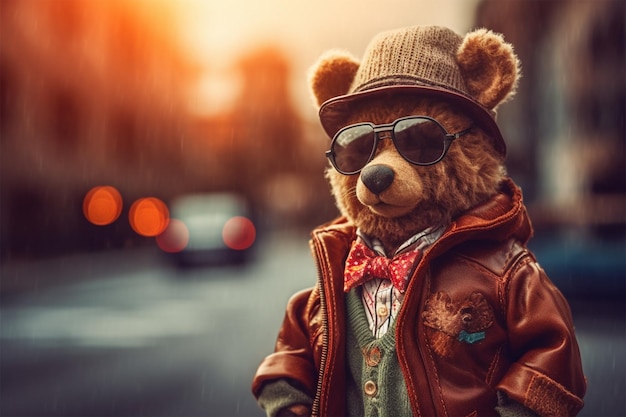 Foto urso de pelúcia em óculos de sol de fantasia contra o pano de fundo de uma cidade moderna urso de peluche em uma jaqueta um