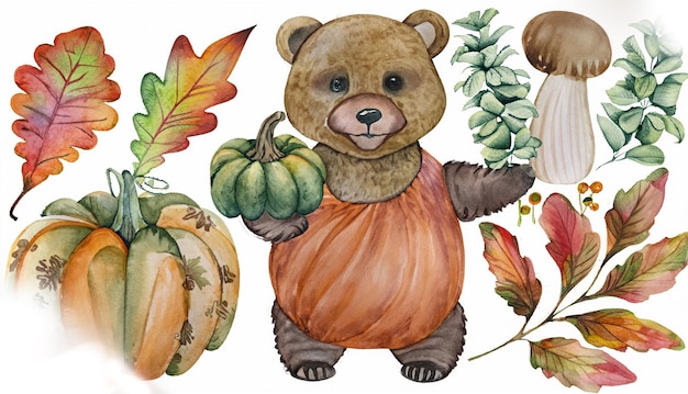 Foto urso segurando abóbora com plantas de outono e folhas pintadas em aquarela em um branco é