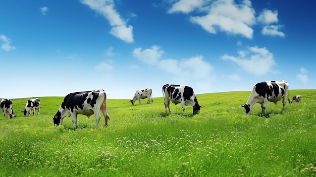 Foto de vacas tumbadas en la hierba con un hermoso paisaje natural