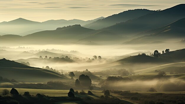 Una foto de un valle de niebla colinas lejanas